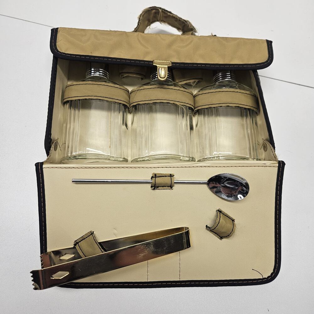 Vintage Travel Cocktail Kit in Case Barware Set with 3 Glass Flasks Retro MCM